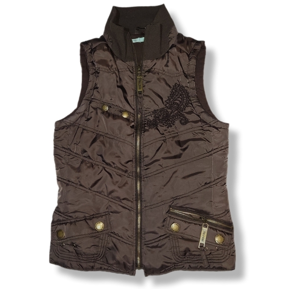 Maurices 2000s Y2K Brown Quilted Puffer Fall Vest Embroidered Paisley Detail - Picture 1 of 9